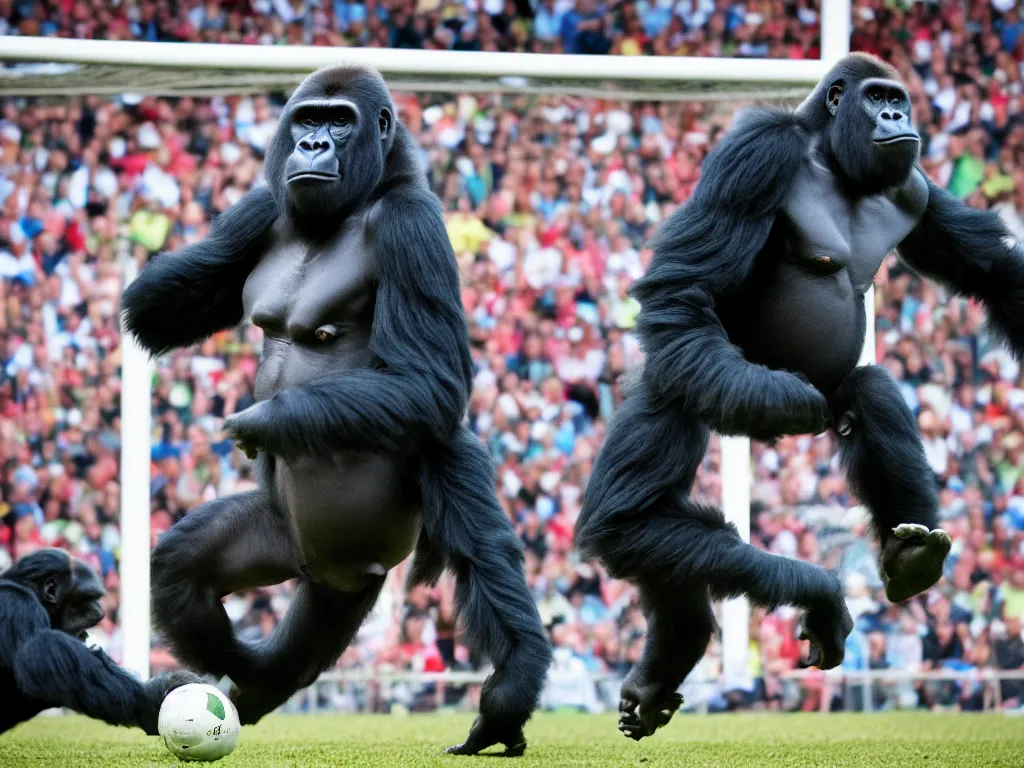 Image similar to a gorilla jumping to head the ball on a corner kick, vivid