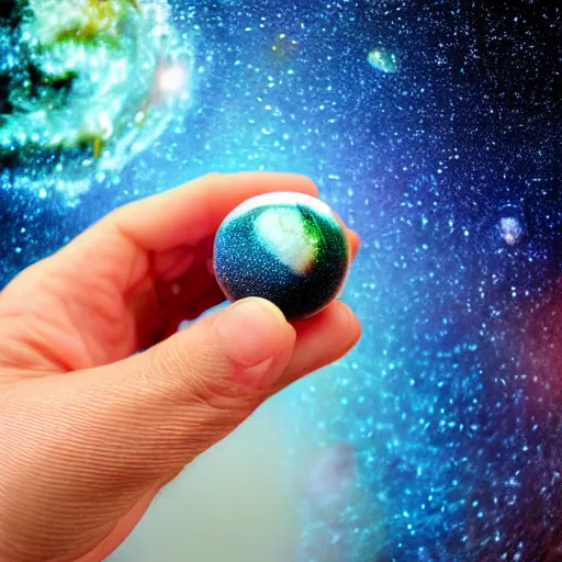 Prompt: high definition galaxy encapsulated inside a glass marble, held in between fingers, ultra realistic