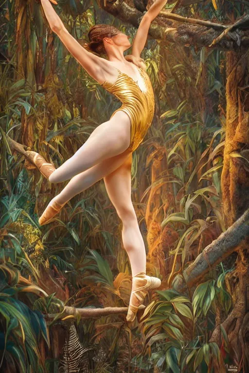 Image similar to stunningly beautiful, prima ballerina in jungle, symmetrical face, golden hour, smooth, focus, highly detailed, hyper realistic, dramatic lighting, elegant, intricate, concept art, art by wlop, mars ravelo, greg rutowski