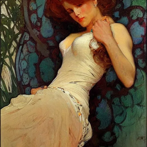Prompt: portrait of a beautiful woman by gil elvgen, greg manchess, mucha