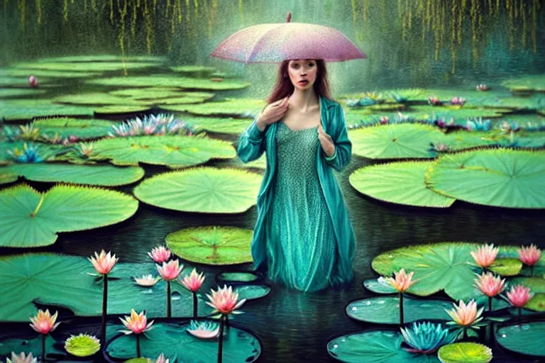 Image similar to light teal portrait in the rain on pond with waterlilies, fantasy, intricate, elegant, dramatic lighting, emotionally evoking symbolic metaphor, highly detailed, lifelike, photorealistic, digital painting, artstation, concept art, smooth, sharp focus, illustration, art by John Collier and Albert Aublet and Krenz Cushart and Artem Demura and Alphonse Mucha