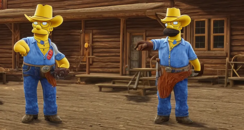 Image similar to Screenshot of Homer Simpson as a 3d cowboy in full cowboy attire in the videogame 'Red Dead Redemption 2'. Sharpened. 1080p. High-res. Ultra graphical settings.