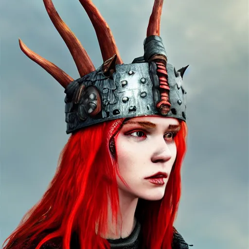 Prompt: of valhalla viking headgear with flaming red hair, fine detail, texture, trending on artstation, hyperreal, bold, vibrant