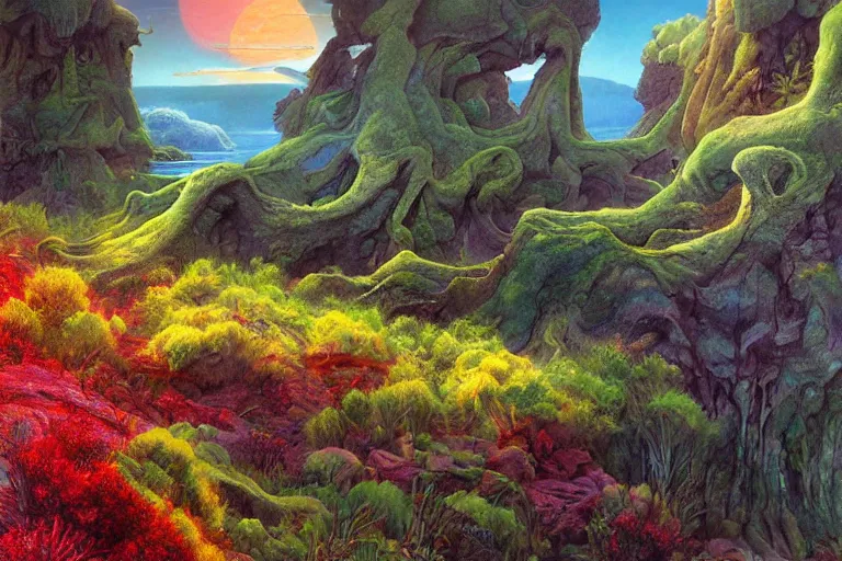 Image similar to digital painting of a lush natural scene on an alien planet by gerald brom. digital render. detailed. beautiful landscape. colourful weird vegetation. cliffs and water.