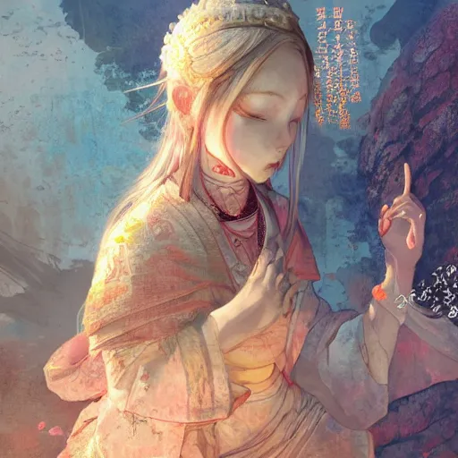 Image similar to character portrait of a contented female bodhisattva, color page, 4 k, tone mapping, doll, akihiko yoshida, james _ jean _ andrei _ riabovitchev _ marc _ simonetti, yoshitaka amano, digital illustration