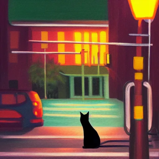 Prompt: stylized oil painting of a black cat with green eyes sitting on a city street at night, illuminated by a street light