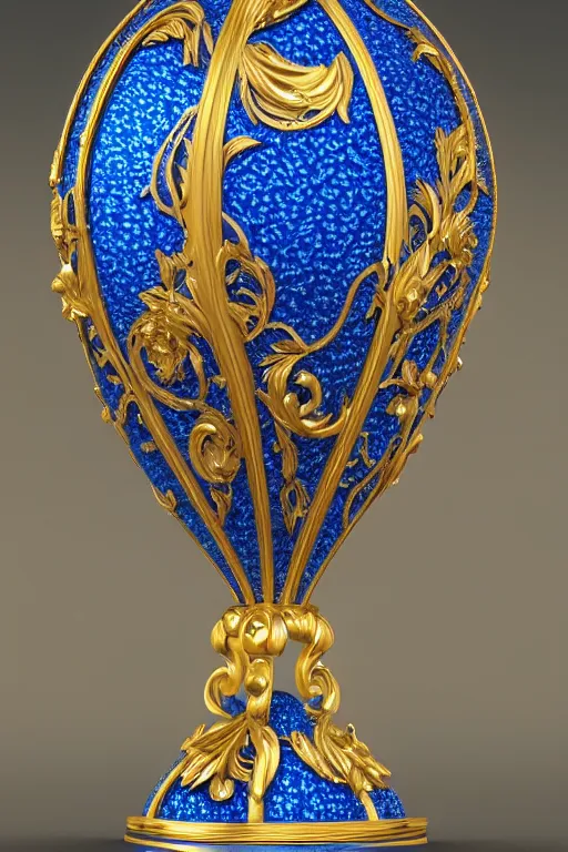 Prompt: A symmetrical shot of a royal blue satin 3D faberge egg covered in highly detailed dark gold ornate floral inlays, rendered in octane, 8k post-processing , volumetric lighting, light background, shot in 35mm, film grain, soft edges