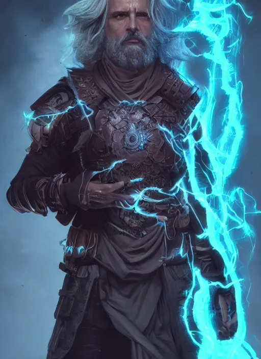 Prompt: A striking epic hyper real portrait painting of aasimar warlock, teal electricity surrounding body, male, shaggy silver hair, short scruffy beard, 4k, 8k, Apex Legends Concept Art, D&D Concept Art, unreal 5, DAZ, hyperrealistic, octane render, cosplay, RPG portrait, dynamic lighting