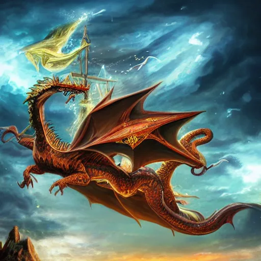 Image similar to magical ship fighting a dragon