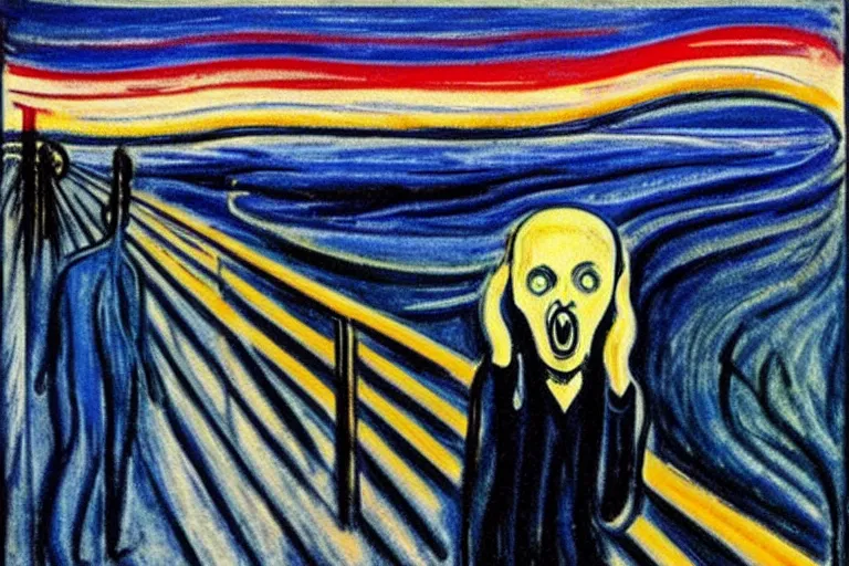 Prompt: Edvard Munch's 'the scream but with kanye west and music notes', painting, expressionism, music notes, music notes