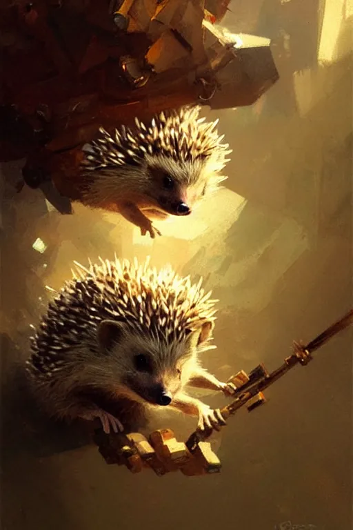 Image similar to small cute hedgehog looking up at the camera portrait dnd, painting by gaston bussiere, craig mullins, greg rutkowski, yoji shinkawa