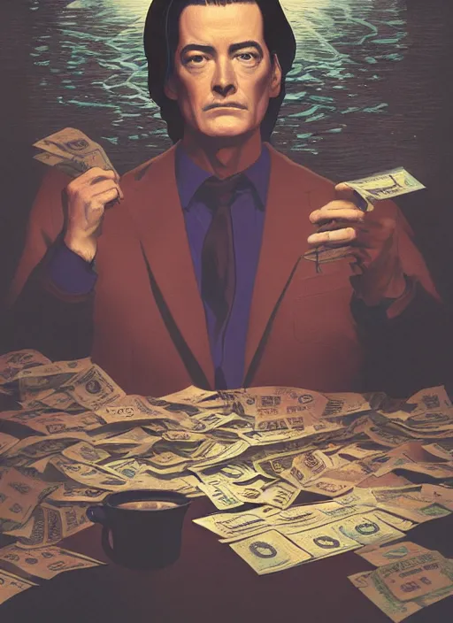 Prompt: Twin Peaks poster artwork by Michael Whelan and Tomer Hanuka, Rendering of Kyle MacLachlan drowning in taxes from scene from Twin Peaks, full of details, by Makoto Shinkai and thomas kinkade, Matte painting, trending on artstation and unreal engine