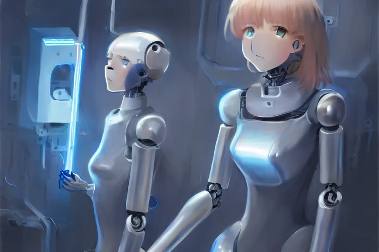 Image similar to datacenter room connects cables young robot server android baroque oil painting finely detailed perfect face flowing long fiberoptics blonde hair robot eyes blue. anime shinkai takeuchi key visual of character concept art metal female robot body suit pixiv fanbox, painted by greg rutkowski