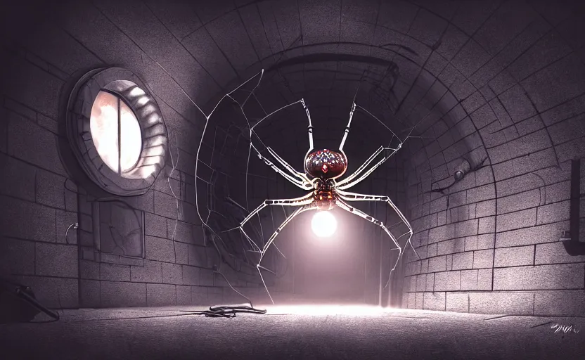 Image similar to mechanical spider in a large dimly lit sewer, ultra detailed digital art, fine drawing, hyper real, 4 k, moody lighting, warm colors