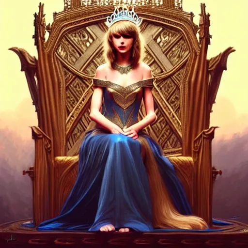 Prompt: Taylor Swift sitting on a majestic throne wearing a crown, D&D style, fantasy, intricate, elegant, highly detailed, digital painting, artstation, concept art, matte, sharp focus, illustration, art by Artgerm and Greg Rutkowski and Alphonse Mucha