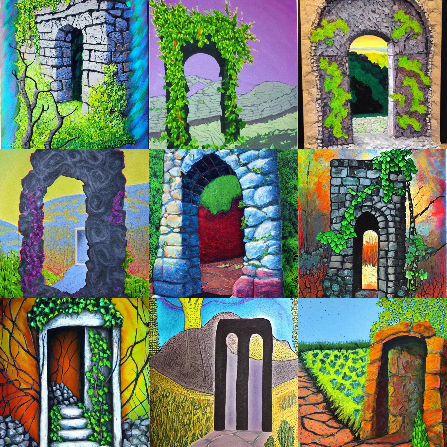 Prompt: colorful alayna danner impasto!! acrylic painting of the slate stone gateway of a forgotten civilization. vines and creepers, stone etchings