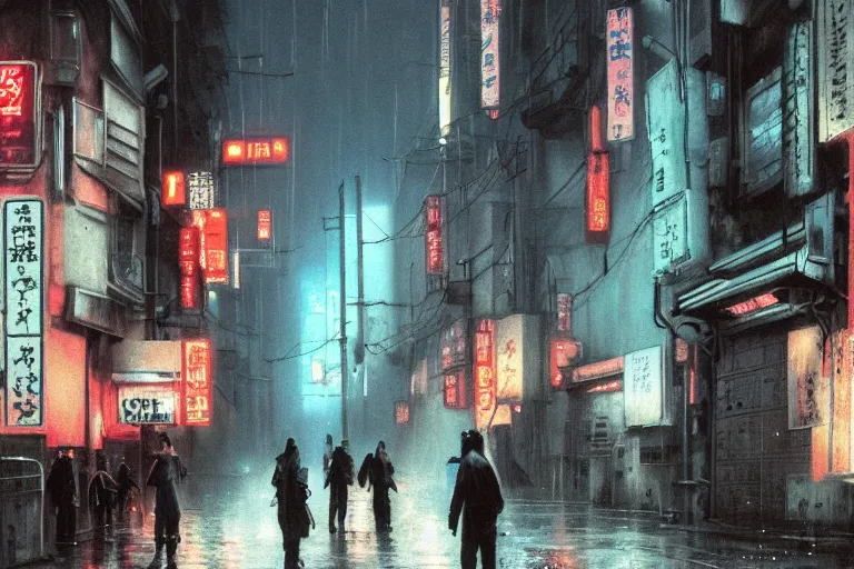 Prompt: a dystopian cyberpunk painting of a rain soaked back street in osaka at dusk, neon lights, dark figures walking, digital art, trending on artstation, horror, dark university aesthetic, by studio ghibli and greg rutkowski. zdzisław beksinski!!!!! spirited away. trending on artstation, hyperrealism, highly detailed, 4 k