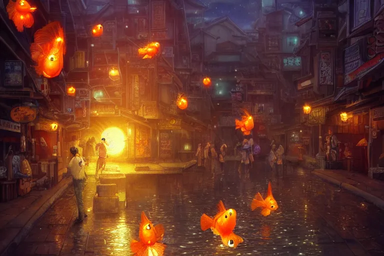 Prompt: fantasy art of glowing goldfish swimming in the air, in the streets of a japanese town at night, with people watching in wonder and pointing, by ralph horsley, highly detailed digital art, trending on artstation