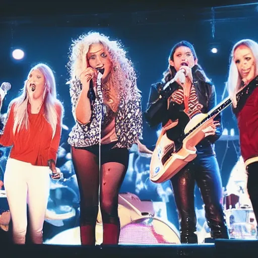 Image similar to pop rock group named'shiny souls'with a short blonde white woman singer, a tall blonde straight hair white woman singer, and a curly brunette white woman singer, singing on stage in front of a crowd with drum and a man playing guitar behind them, digital art