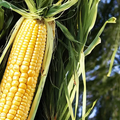 Image similar to cobs of corn, gorwing on a pine tree