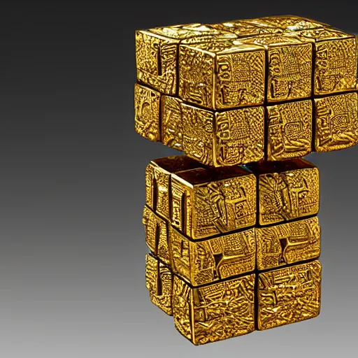 Prompt: hyper detailed sculpture out of carved golden metal cubes,