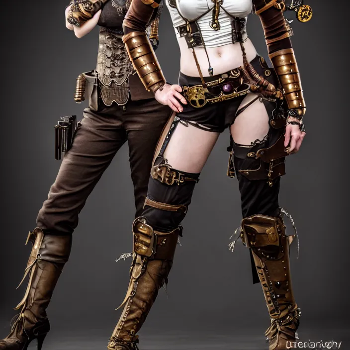 Prompt: professional full length photograph of a beautiful! female steampunk warrior. Extremely detailed. 8k