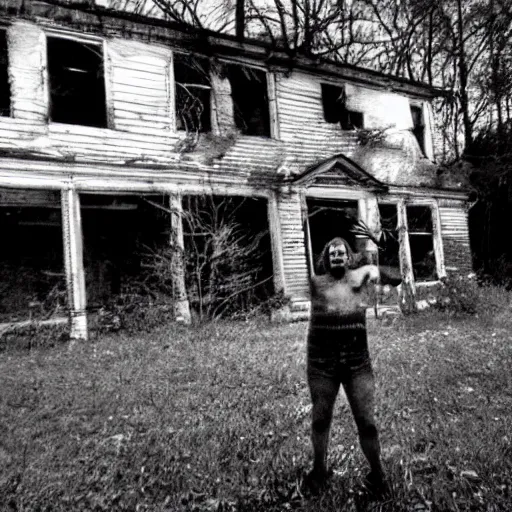 Image similar to 1 9 8 3, found footage, old abandoned house, creepy mutant flesh creature, flesh blob