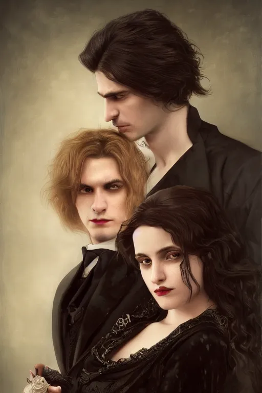 Image similar to a portrait of handsome young male vampire with long hair and his elegant beautiful dark bohemian wife, bored, illustration, dramatic lighting, soft details, painting oil on canvas, art nouveau, octane render, HDR, 4k, 8k, HD, by Edmund Blair Leighton, Brom, Charlie Bowater, trending on artstation, faces by Tom Bagshaw, Sargent