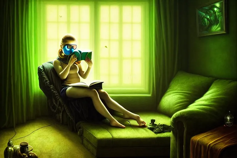 Prompt: girl with wearing a gas mask lying on the sofa reading a book in her room, in the style of tomasz alen kopera, solarpunk, atmospheric, clean, intricate and epic composition, green by caravaggio, insanely quality, highly detailed, masterpiece, blue light, artstation, 4 k