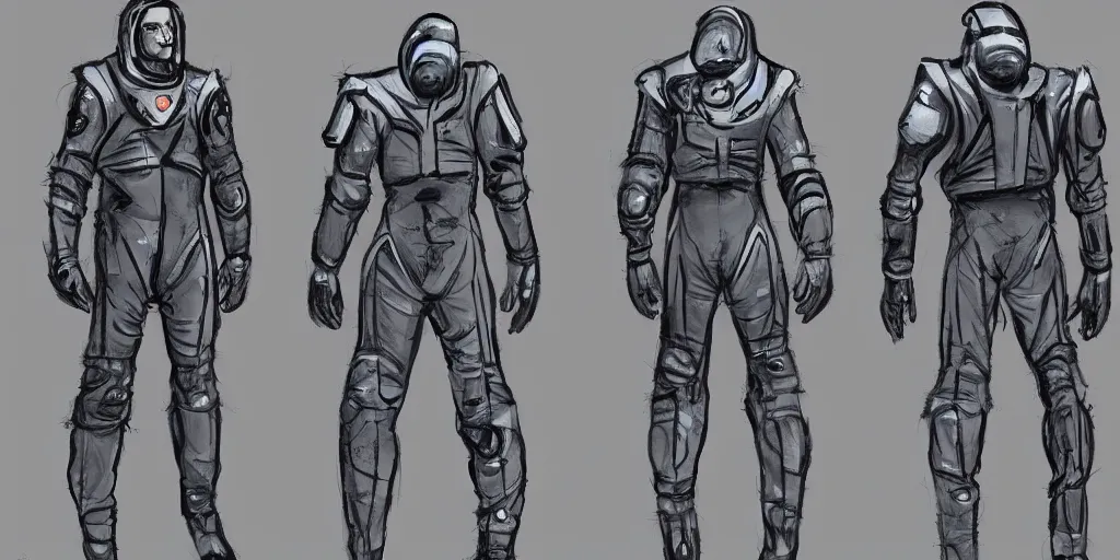 Prompt: male, space suit, character sheet, concept art, stylized, large shoulders, short torso, long thin legs, exaggerated proportions, concept design