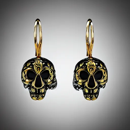 Image similar to artnouveau skull earrings made by René lalique in black, white and emerald and gold