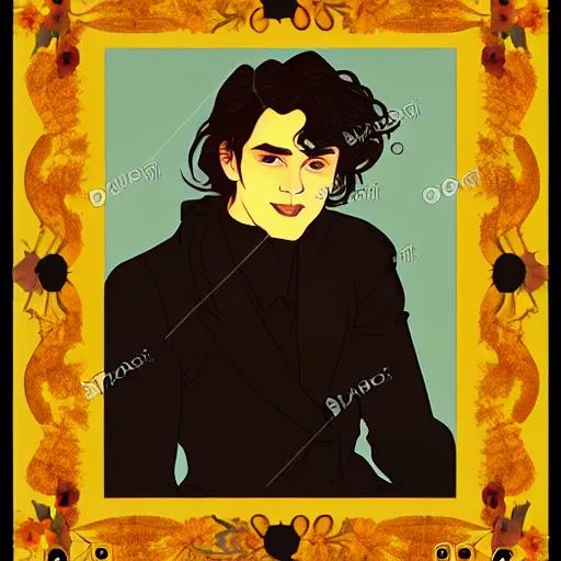 Image similar to painting of young cute handsome beautiful dark medium wavy hair man in his 2 0 s named shadow taehyung at the halloween pumpkin jack o'lantern party, melancholy, autumn colors, japan, elegant, clear, painting, stylized, delicate, soft facial features, delicate facial features, soft art, art by alphonse mucha, vincent van gogh, egon schiele