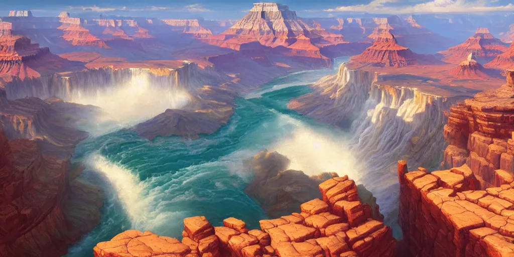 Prompt: Grand Canyon, Niagara Falls, extremely detailed oil painting, unreal 5 render, rhads, Bruce Pennington, Studio Ghibli, tim hildebrandt, digital art, 8K artistic photography, octane render, beautiful composition, trending on artstation, award-winning photograph, masterpiece