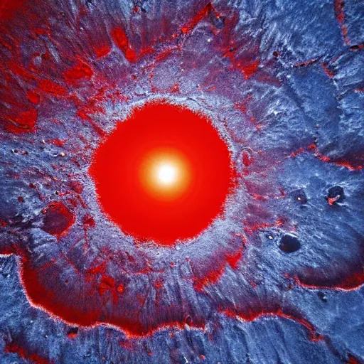 Image similar to a picture of an alien planet, taken from orbit, dark blue planet, red lava rivers, center of the frame