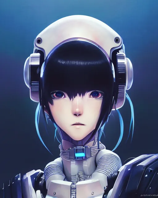 Image similar to portrait of friendly and peaceful anime cyberpunk robot face, anime, warhammer 4 0 0 0 0, realistic shaded lighting, by ilya kuvshinov katsuhiro otomo, magali villeneuve, artgerm, rutkowski, wlop jeremy lipkin and giuseppe dangelico pino and michael garmash and rob rey and tsutomu nihei