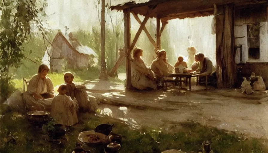 Image similar to simple villager family about to eat a meal together in their beautiful simple cottage home, art by anders zorn, wonderful masterpiece by greg rutkowski, beautiful cinematic light, american romanticism thomas lawrence, greg rutkowski