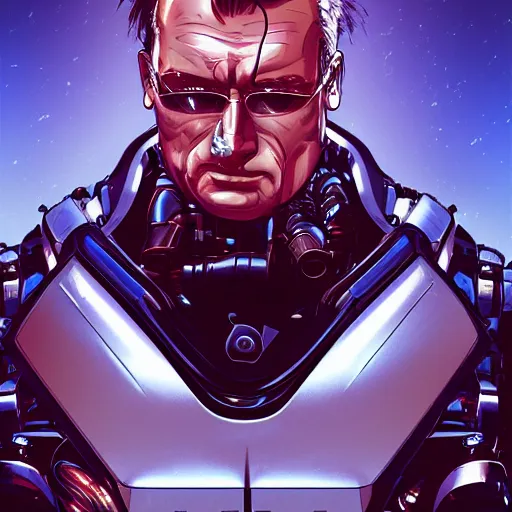 Image similar to James Cameron as the T-800 Terminator, the terminator robot looks exactly like James Cameron, ambient lighting, 4k, anime key visual, lois van baarle, ilya kuvshinov, rossdraws, artstation