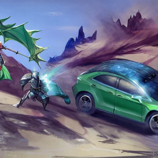Prompt: dragon fire vs blue armor knight shield, green car hatchback, desert landscape, greg manchess, akehiko inoue and ross tran