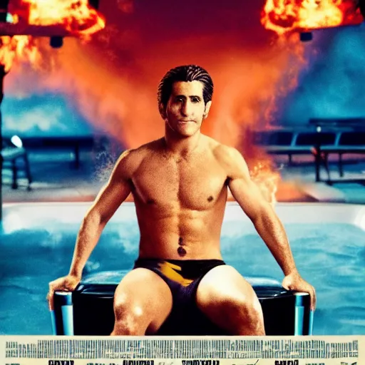 Image similar to a movie poster of Jake Gyllenhaal as patrick Swayze sitting in a hot tub in the movie Road House