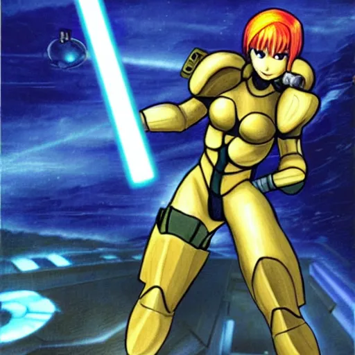 Image similar to samus holding a jedi sword