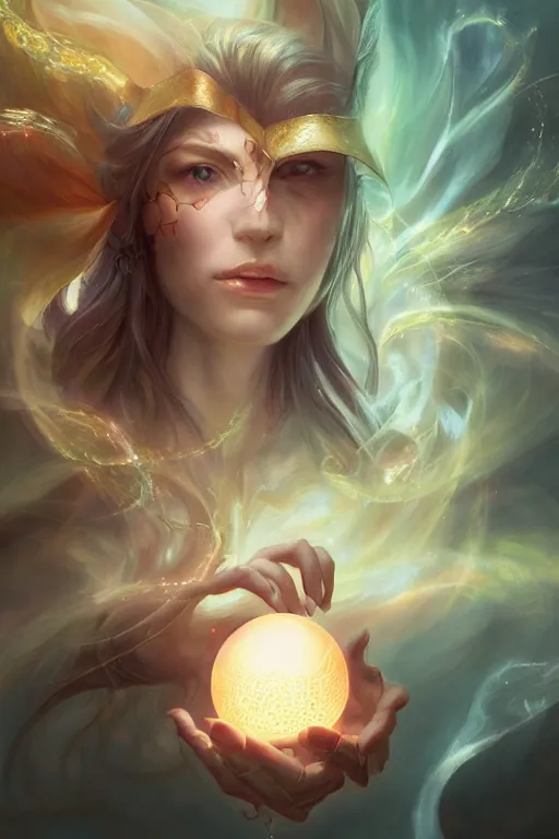 Prompt: portrait of a beautiful elf casting magic spell throwing magic crystal ball, angel, fantasy, dramatic lighting, highly detailed, digital painting, holding electricity, magic the gathering, hyper detailed, 3 d render, hyper realistic detailed portrait, peter mohrbacher, wlop, ruan jia