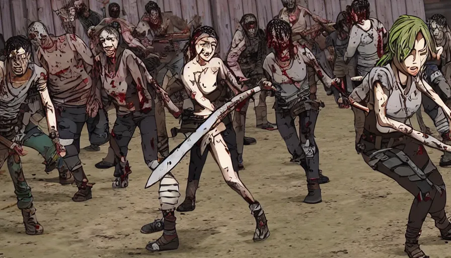 Prompt: full - body action shot of a well - armed female with tattered, blood - soaked clothing, using a sword to fight a horde of the walking dead, in the style of a highly - detailed anime characters