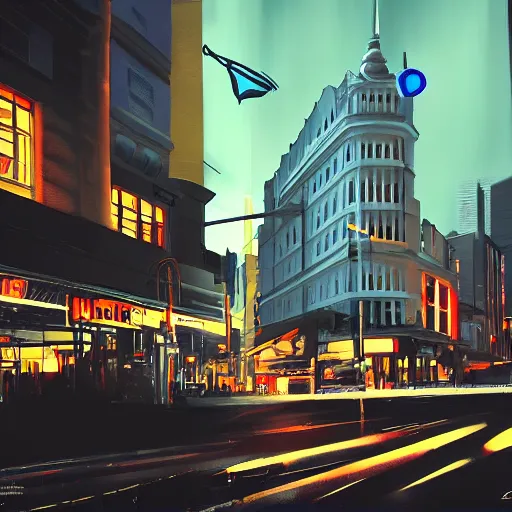 Prompt: auckland city queen street, dynamic lighting, cinematic composition, artstation, kiwiana