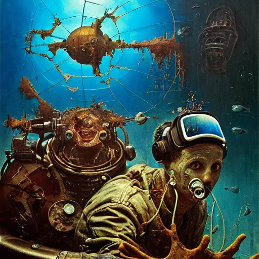 Prompt: junky men in underwater world, luminosity, cybertronic gadgets and vr helmet, flesh + technology, durty colours, mid shot, rotten textures, rusty shapes, biotechnology, norman rockwell, tim hildebrandt, dariusz zawadzki, bruce pennington, oil on canvas, deep depth field, masterpiece, cinematic composition, hyper - detailed, hdr