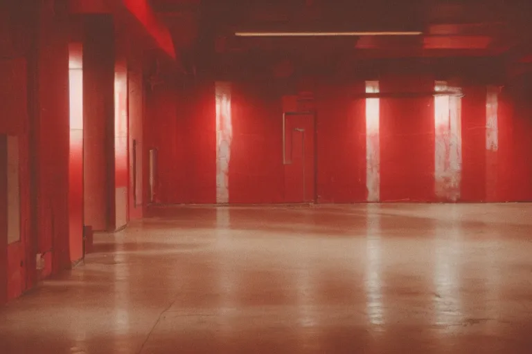 Image similar to film photography of industrial red room interior in golden hour, soft light, no focus