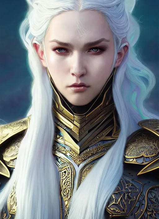 Image similar to light iridescent armor!!! long wild white hair!! covered chest!!! fantasy, d & d, intricate ornate details, digital painting, pretty face!!, symmetry, concept art, sharp focus, illustration, art by artgerm! greg rutkowski magali villeneuve wlop! ilya kuvshinov!!, octane render