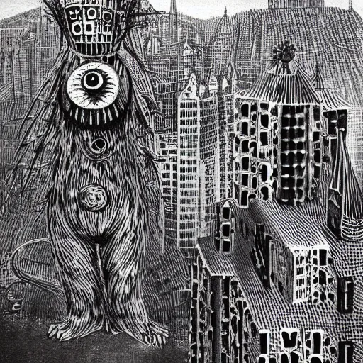 Prompt: A beautiful photograph of a large, monster looming over a cityscape. The monster has several eyes and mouths, and its body is covered in spikes. It seems to be coming towards the viewer, who is looking up at it in fear. by Friedensreich Regentag Dunkelbunt Hundertwasser manmade