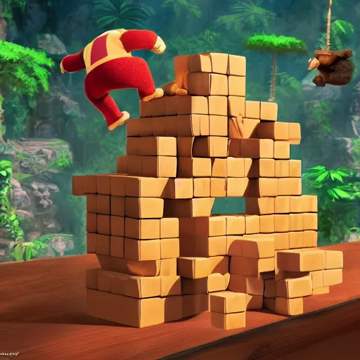 Prompt: donkey Kong playing jenga, concept art, realistic, well detailed, 8k