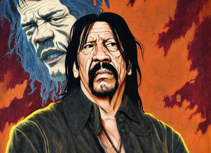 Image similar to portrait of danny trejo exploring a haunted house, long black hair, leather vest and jeans, kyoto animation still, finely illustrated face, intricately detailed features, digital painting, makoto shinkai, painted by ilya kuvshinov and katsura masakazu and alphonse mucha and satoshi kon