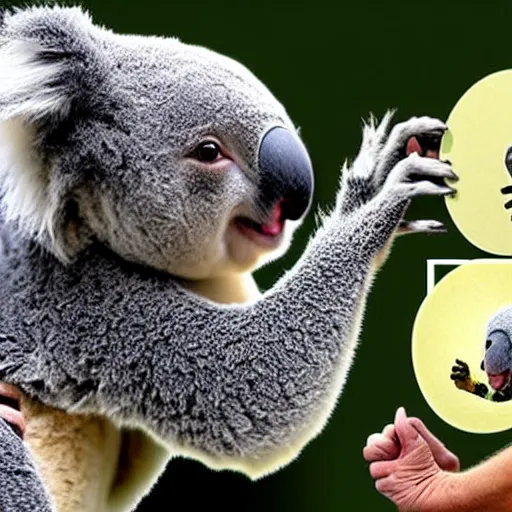 Image similar to scott morrison battles an angry koala over a wad of money